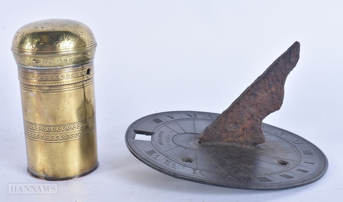 AN ANTIQUE BRONZE SUNDIAL by Holmes, together with a George III container. Largest 15 cm wide. (2) (1 of 8)