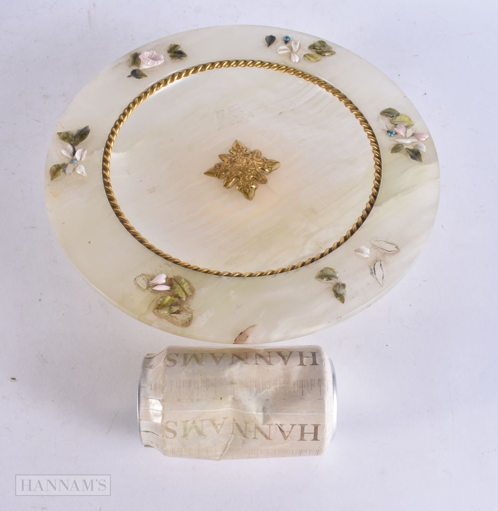 A LARGE LATE 19TH CENTURY ONYX AND Hardstone BRONZE TAZZA decorated with flowers. 27 cm wide. (1 of 5)