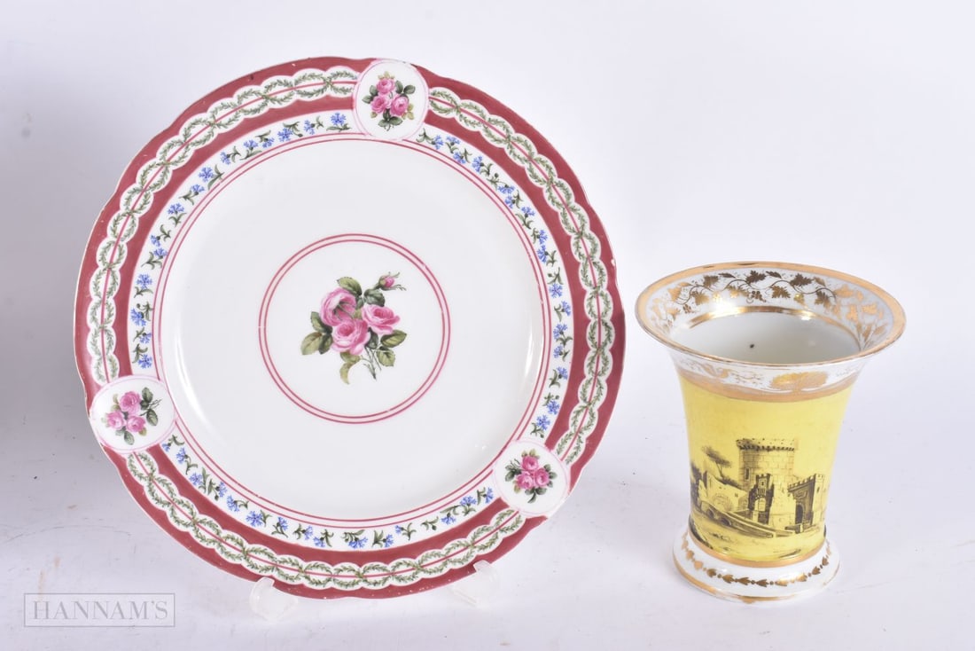 AN EARLY 19TH CENTURY FRENCH PARIS PORCELAIN VASE together with a Paris plate. Largest 22 cm wide. ( (1 of 7)