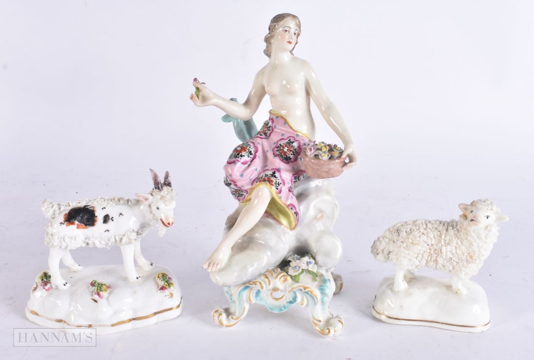 A 19TH CENTURY CONTINENTAL PORCELAIN FIGURE together with two Staffordshire figures. Largest 19 cm h (1 of 7)