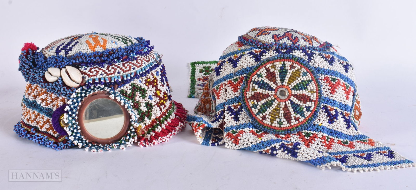 TWO AFRICAN TRIBAL BEADWORK HATS. Largest 38 cm x 24 cm. (2) (1 of 7)