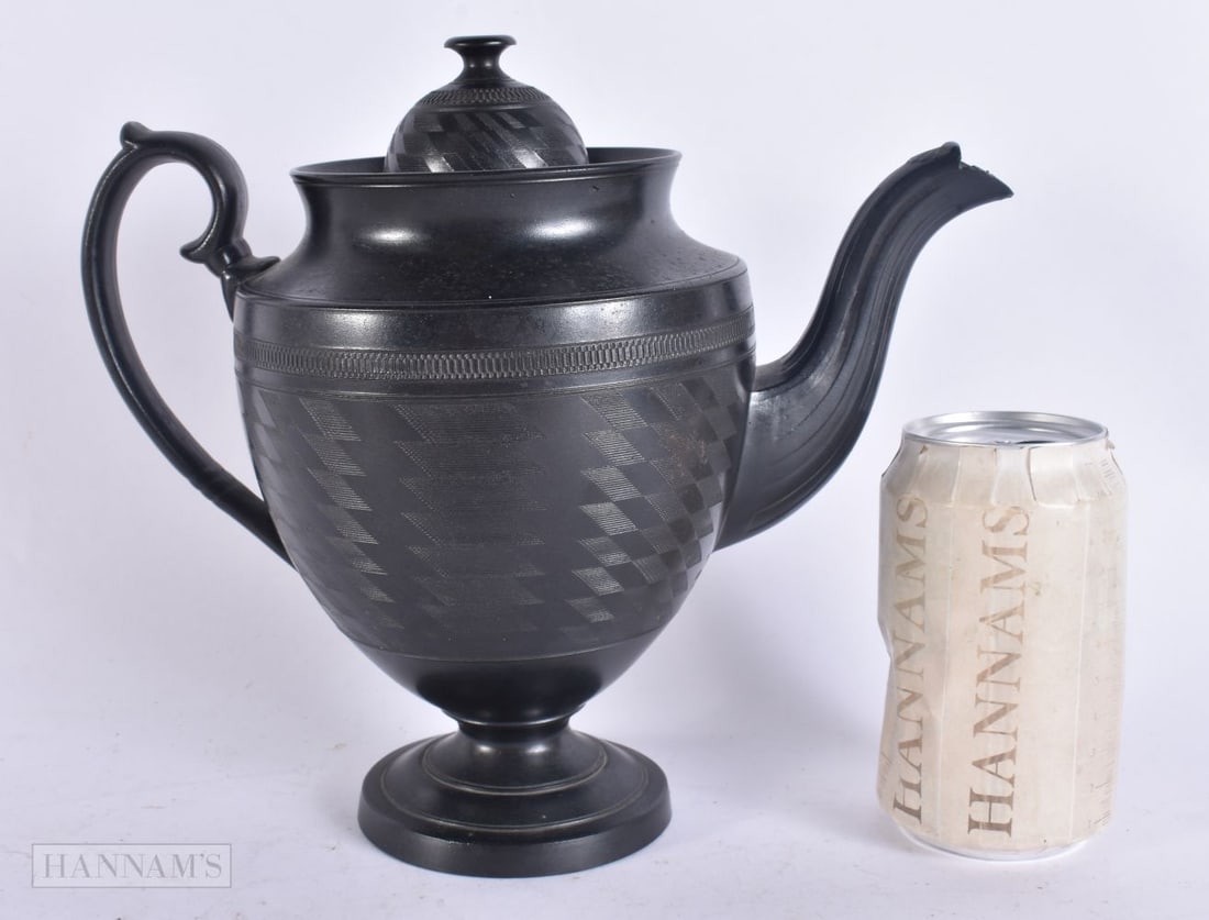 AN EARLY 19TH CENTURY ENGLISH BLACK BASALT COFFEE POT with geometric motifs to the body. 23 cm x 23 (1 of 6)