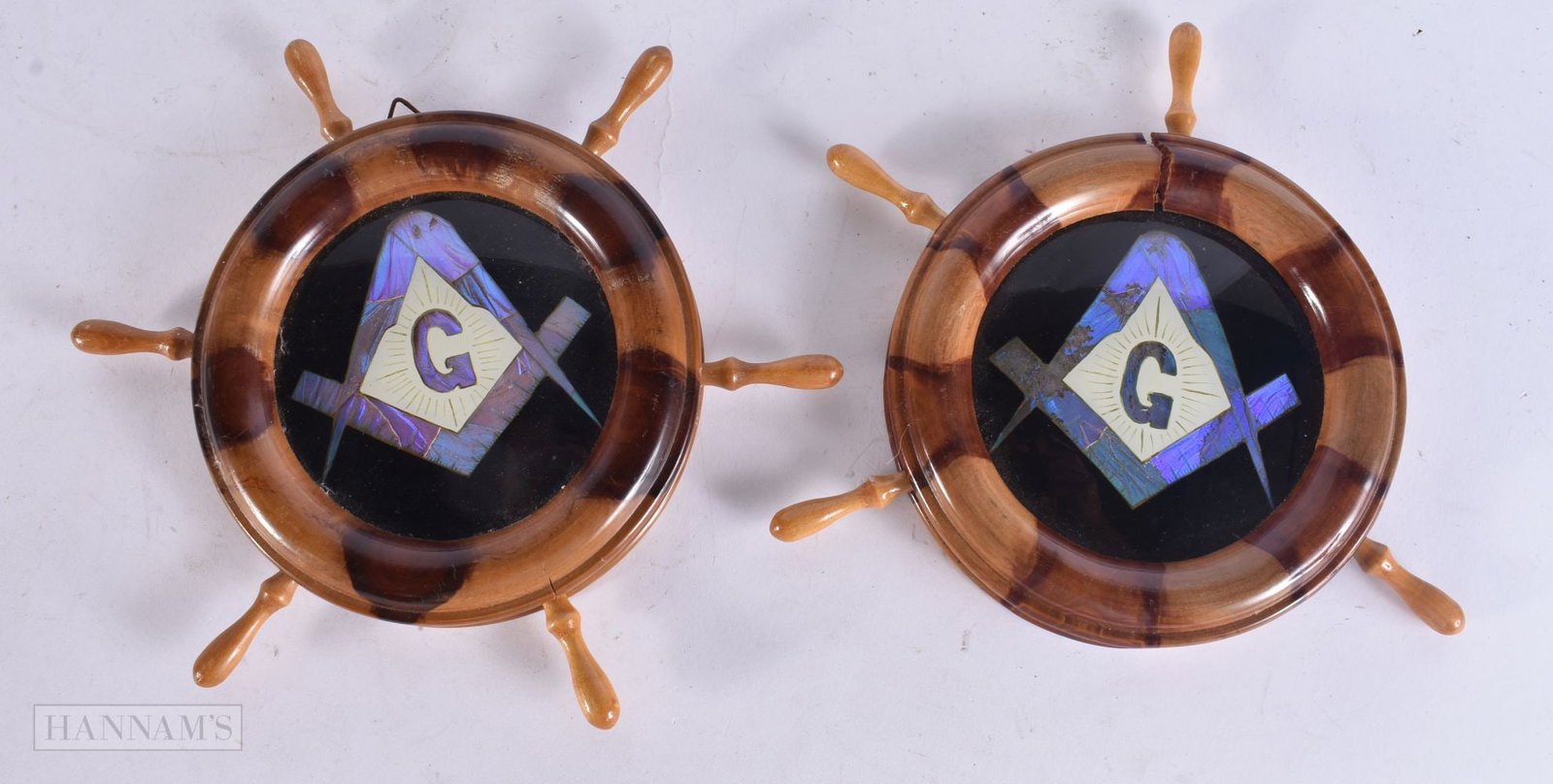 AN UNUSUAL PAIR OF REVERSE PAINTED MASONIC GLASS SHIPS WHEELS. 21 cm wide. (1 of 4)
