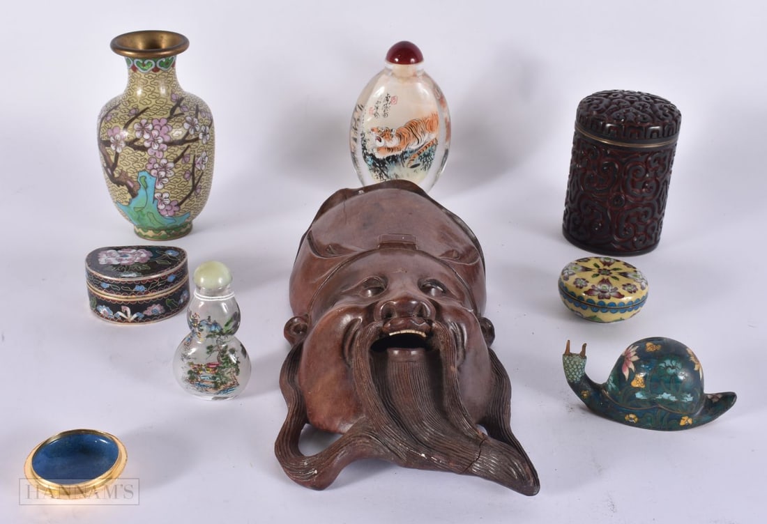 East Asian Collectables Ornaments Inc Wooden mask Cloisonne Enamel Snail Snuff. (qty) (1 of 4)