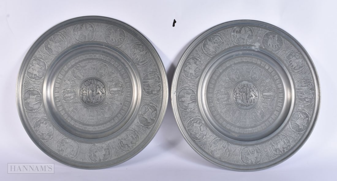 Vintage Pair Berendsohn Pewter Plate Depicting Adam And Eve. 32 cm wide.: Vintage Pair Berendsohn Pewter Plate Depicting Adam And Eve. 32 cm wide.