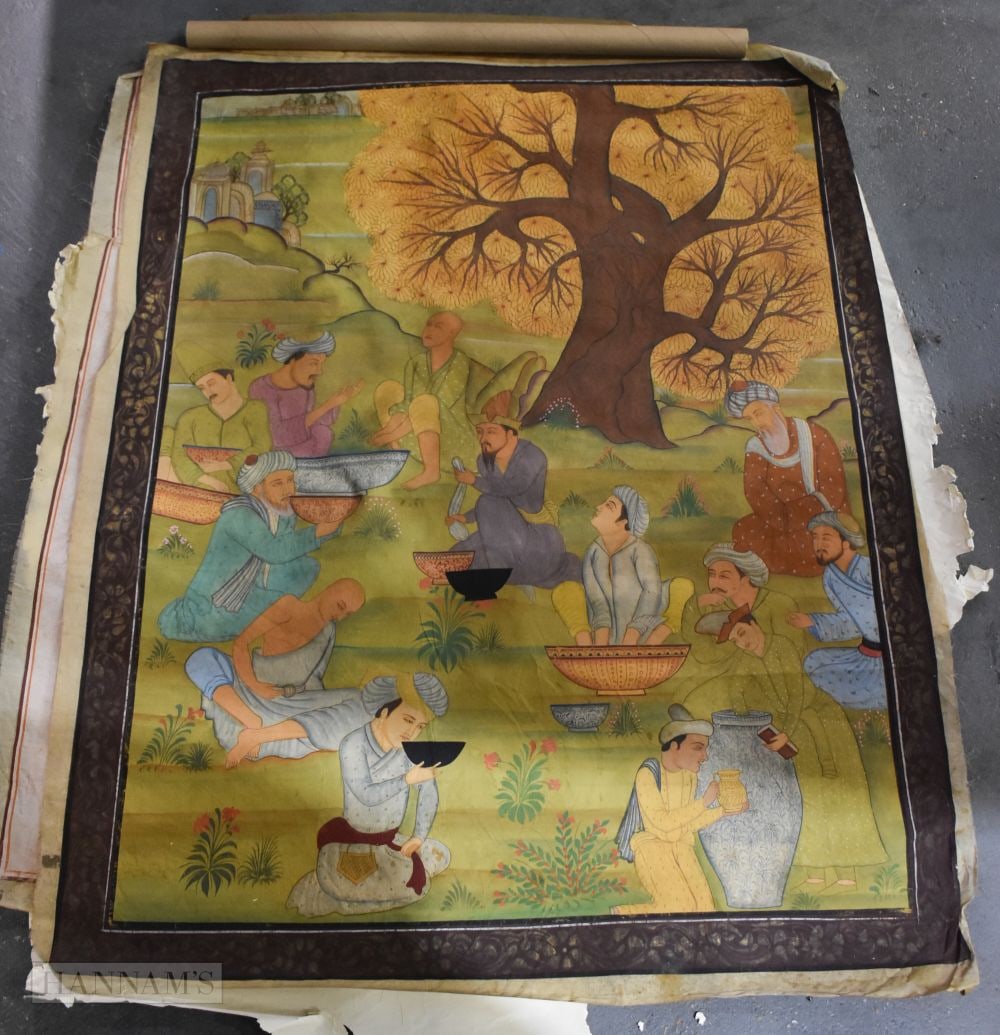 Indian Persian Hand Painted Tapestry Mughalis Large Ou Fabric Pair. 110 cm x 75 cm. (1 of 13)
