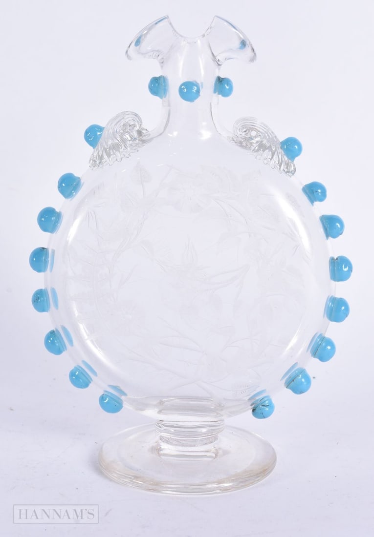 A FINE ENGRAVED SPIDER WEBB TURQUOISE GLASS EDGED CARAFE. 17 cm x 10 cm.: A FINE ENGRAVED SPIDER WEBB TURQUOISE GLASS EDGED CARAFE. 17 cm x 10 cm.