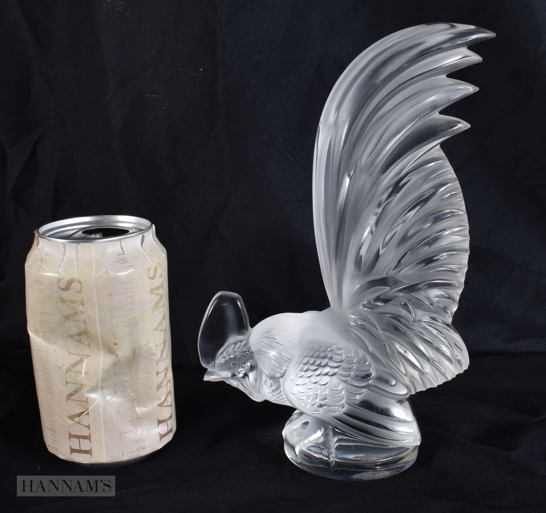 A FRENCH LALIQUE GLASS COCKERELL CAR MASCOT. 21.5 cm high. (1 of 6)
