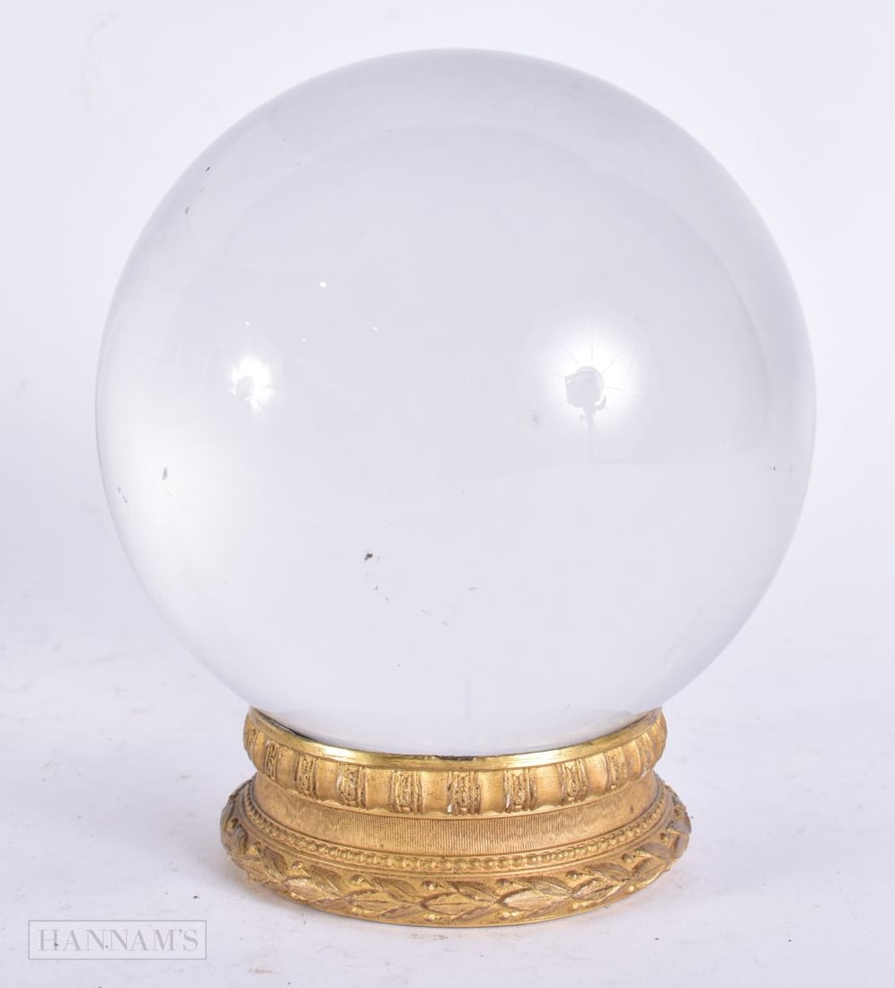 AN ANTIQUE FRENCH CRYSTAL BALL ON STAND. 11.5 cm wide. (1 of 4)
