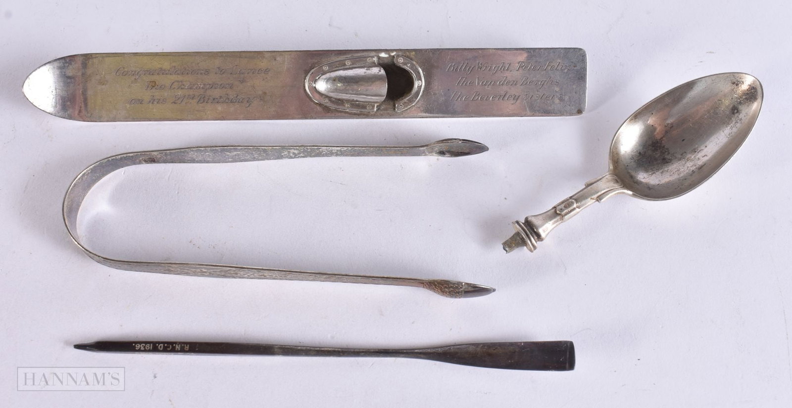 AN UNUSUAL SILVER SKI together with a silver oar, silver tongs & a silver spoon bowl. 145 grams. (4) (1 of 7)