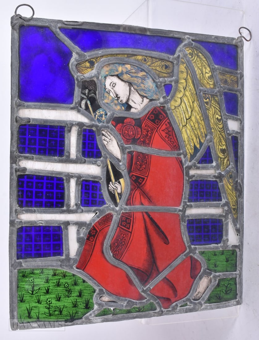 AN ANTIQUE STAINED GLASS WINDOW. 26 cm x 22 cm. (1 of 5)