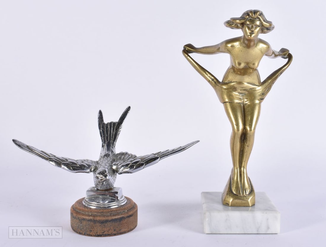 A SPEED NYMPH CAR MASCOT and an outstretched bird car mascot. Largest 19 cm high. (2) (1 of 5)