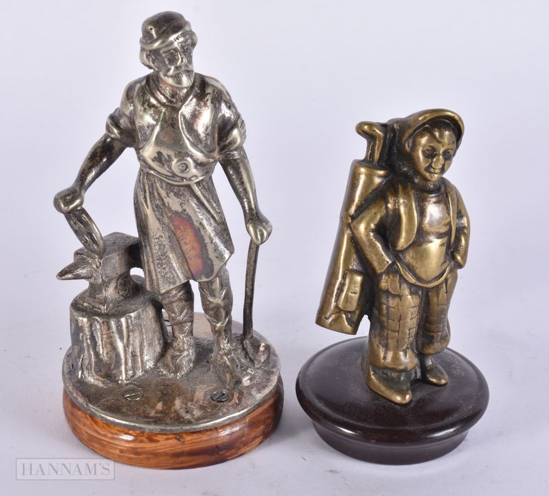 A BLACKSMITH & GOLFER CAR MASCOT. Largest 14 cm high. (2) (1 of 5)
