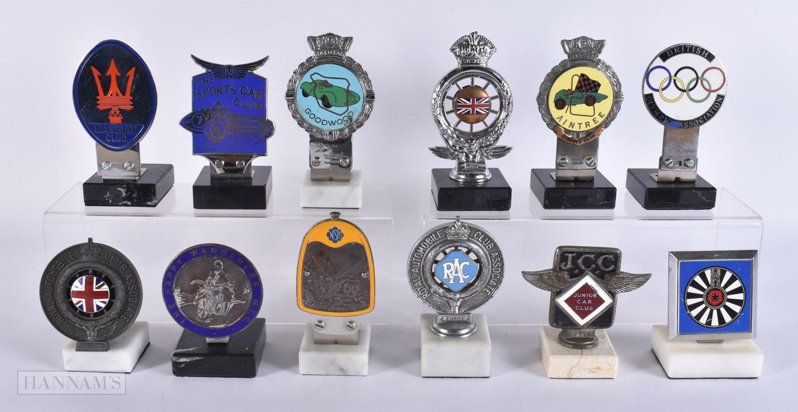 A COLLECTION OF TWELVE VINTAGE CAR CLUB BADGES including British Olympic Association, Aintree etc. ( (1 of 12)