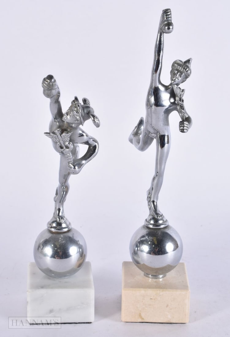 TWO CHROME FIGURAL MERCURY CAR MASCOTS. Largest 25 cm high. (2) (1 of 5)