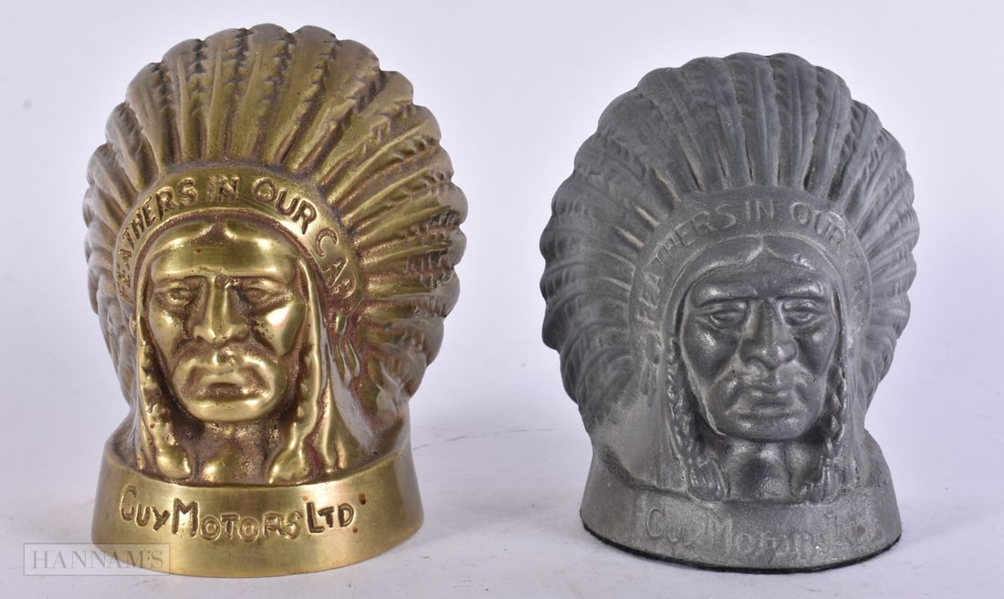 TWO GUY MOTORS LTD INDIAN CHIEF CAR RADIATOR MASCOTS. 14 cm x 8 cm. (2) (1 of 5)