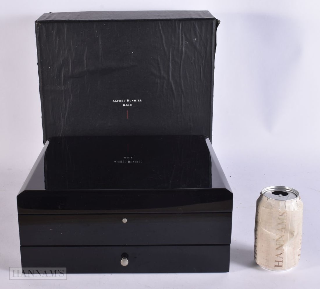 AN ALFRED DUNHILL GMT WATCH AND COLLECTORS BOX. 34 cm square. (1 of 4)