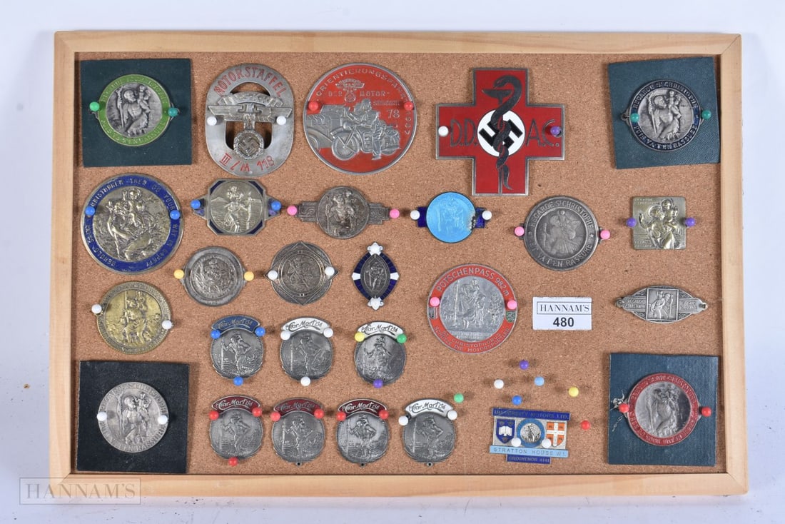 A FRAMED DISPLAY OF VINTAGE MOTORING BADGES etc. (qty) (1 of 6)