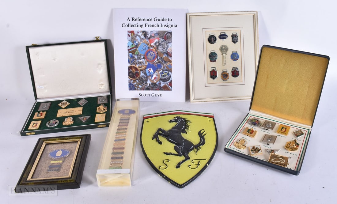 A COLLECTION OF BOXED ENAMELLED BADGES AND PINS together with a Ferrari sign etc. (qty) (1 of 7)