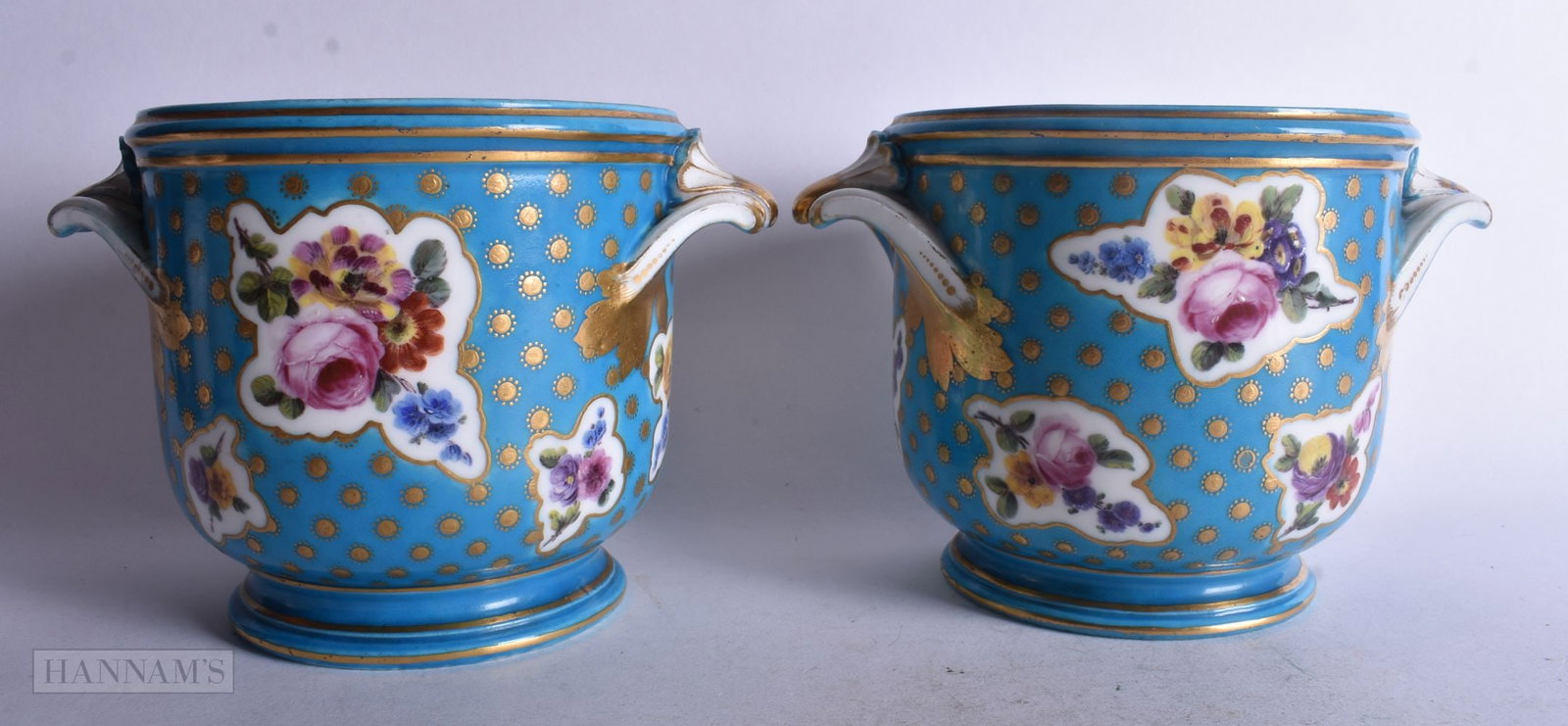 Sevres fine pair of bottle coolers painted with asymmetric panels of flower on a turquoise ground, 8 (1 of 4)