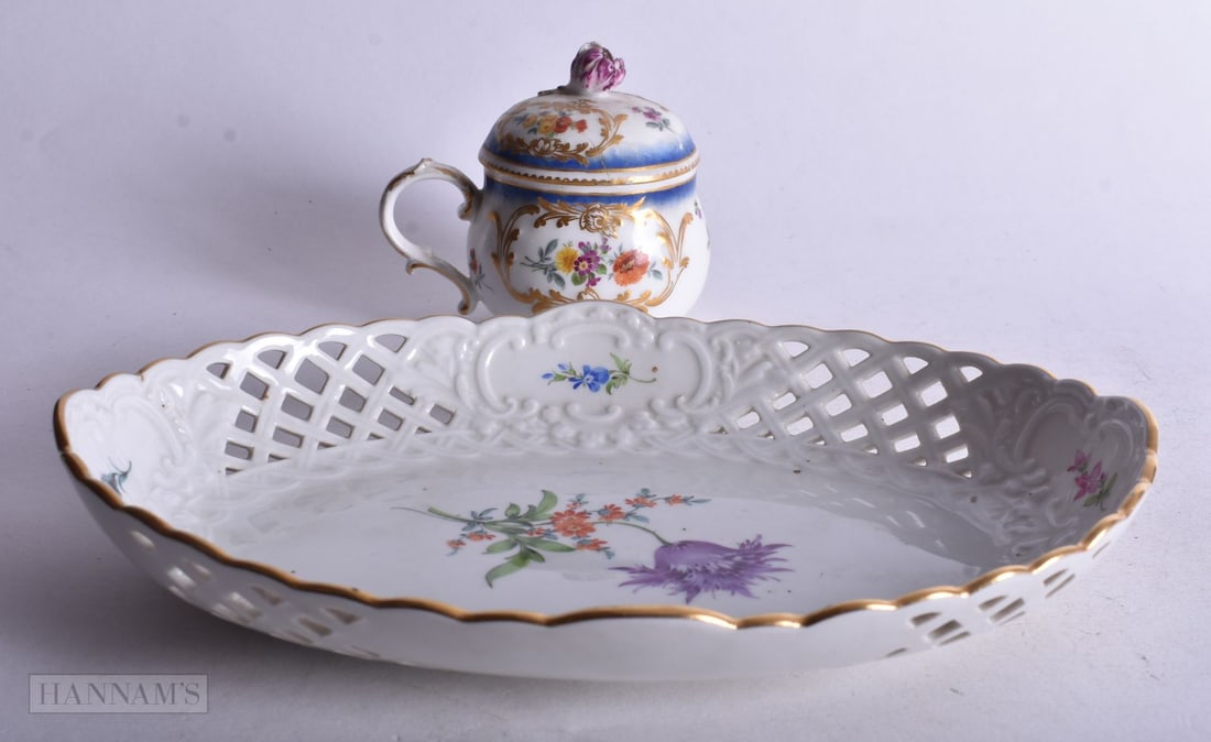Meissen custard cup and cover decorated with raised gilding and flowers in panels, crossed swords ma (1 of 6)