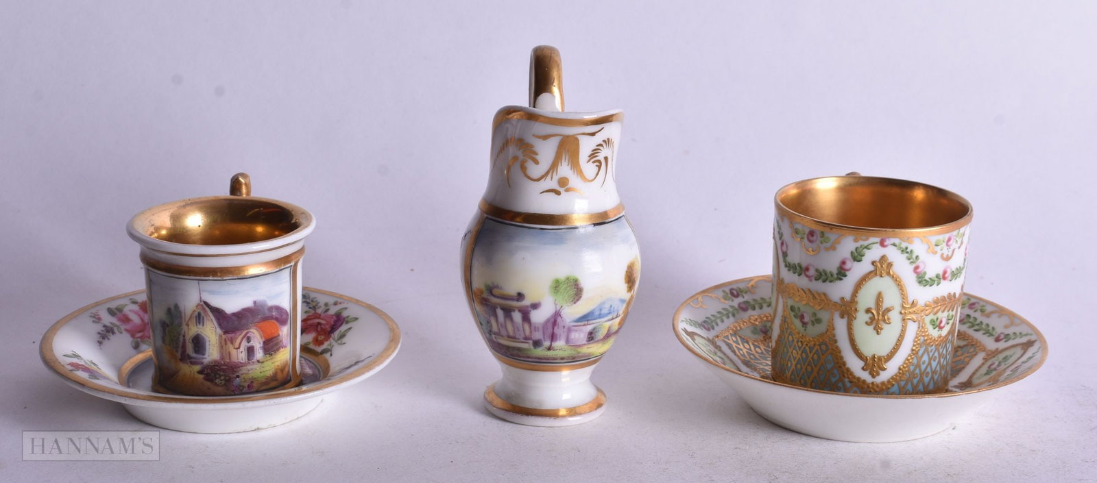 Paris porcelain demi-tasse can and saucer painted with flowers and raised gilding, and two further P (1 of 5)