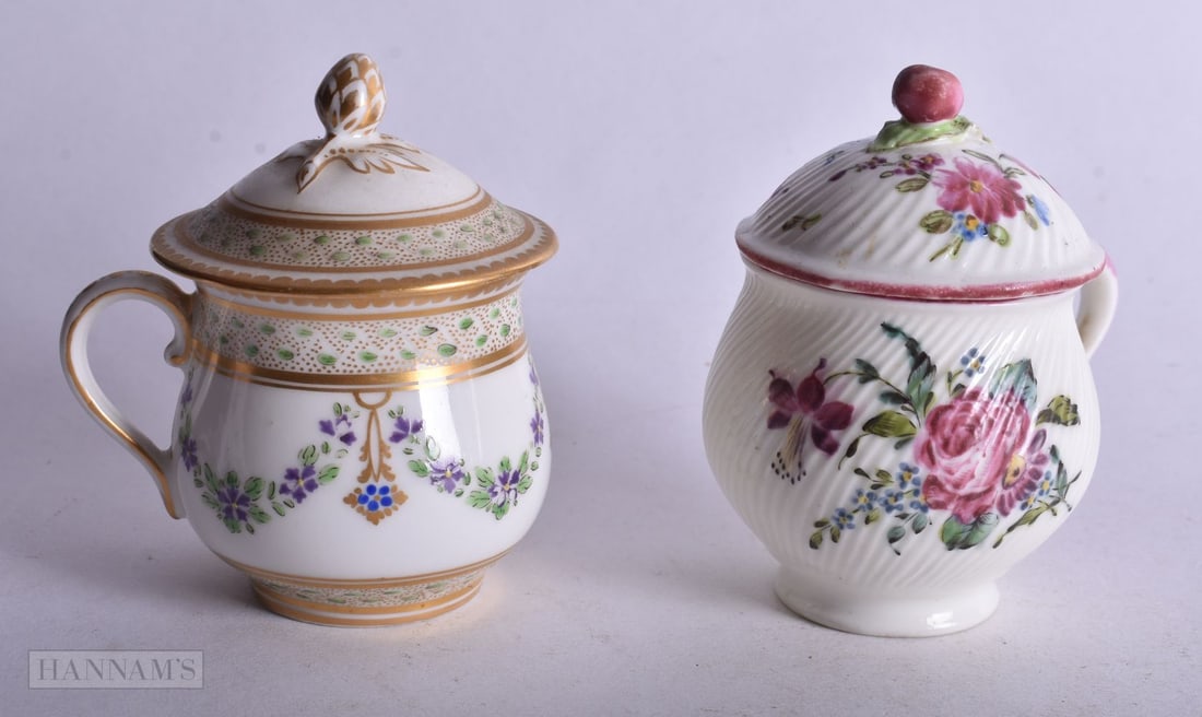 Mennecy custard cup and cover with wrythen moulding painted with two floral bouquets and another cus (1 of 4)