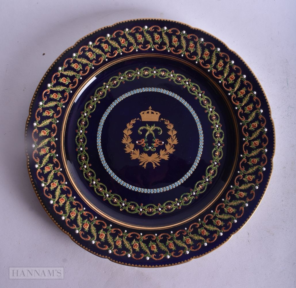 Sevres fine plate gilded and jewelled, the plate with central crown and interlaced L?s and three ama (1 of 4)