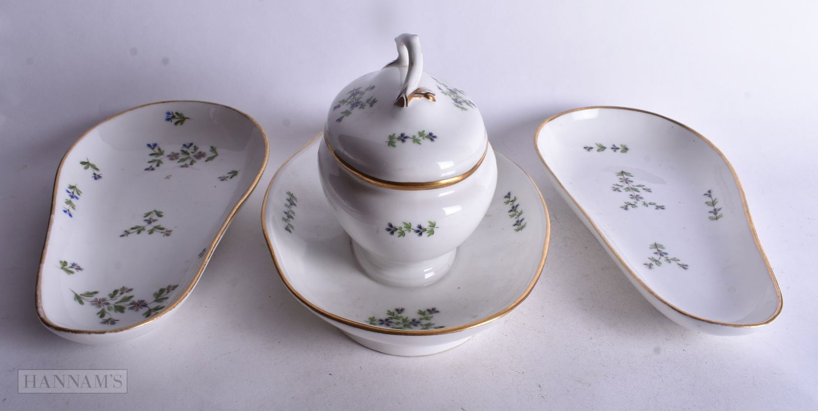 Clignancourt sauce-tureen and cover with fixed stand painted with cornflowers and two matching side (1 of 3)