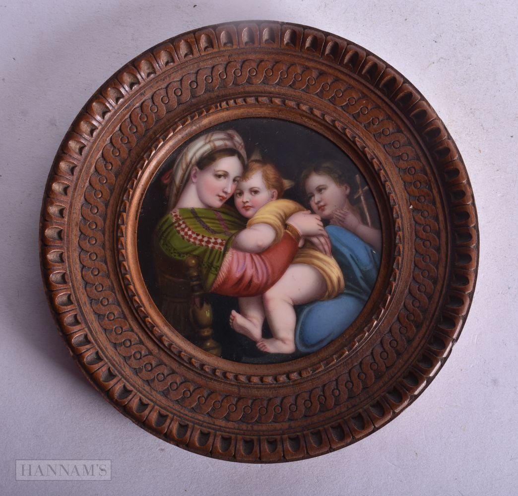 German KPM porcelain plaque, after Raphael ( Italian, 1483-1520 ) Madonna Della Seggiola. In a circu (1 of 3)