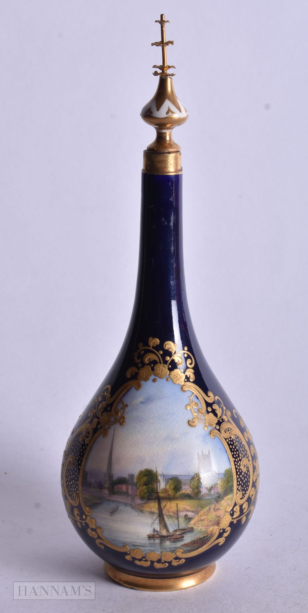 Chamberlains Worcester scent bottle painted with a view of Worcester Cathedral and a boat in the for (1 of 5)