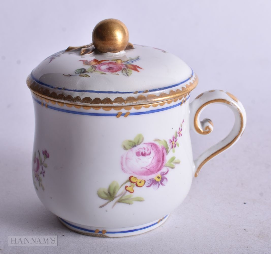 Sevres custard cup and cover painted with floral sprigs under a blue and gilt border, date mark ?ii? (1 of 4)