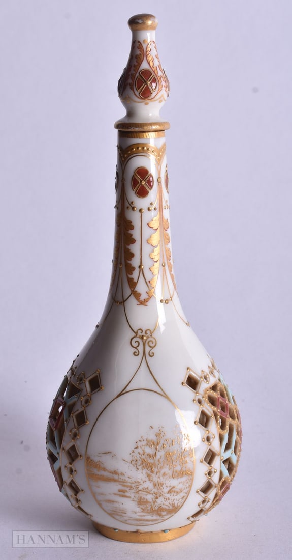 Royal Worcester scent bottle with two reticulated panels and two gilt landscapes, date mark ?S? 1881 (1 of 6)