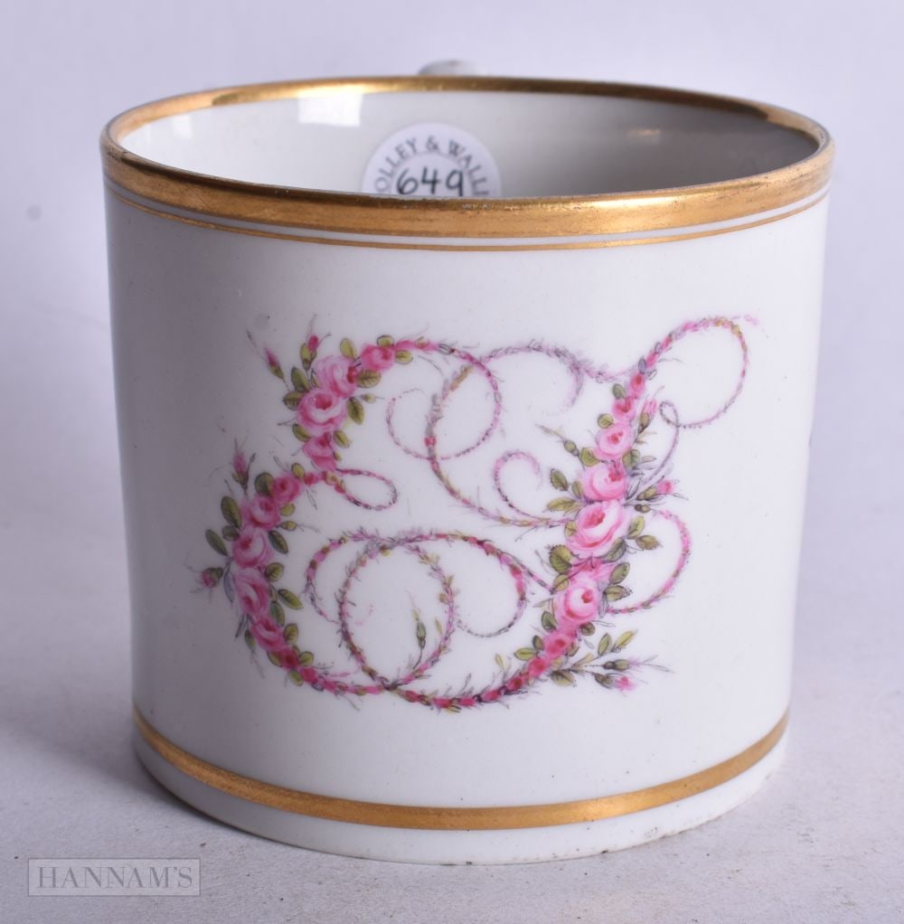 Flight Barr and Barr Worcester christening mug painted with the initials ?ES? in pink roses, impress (1 of 5)