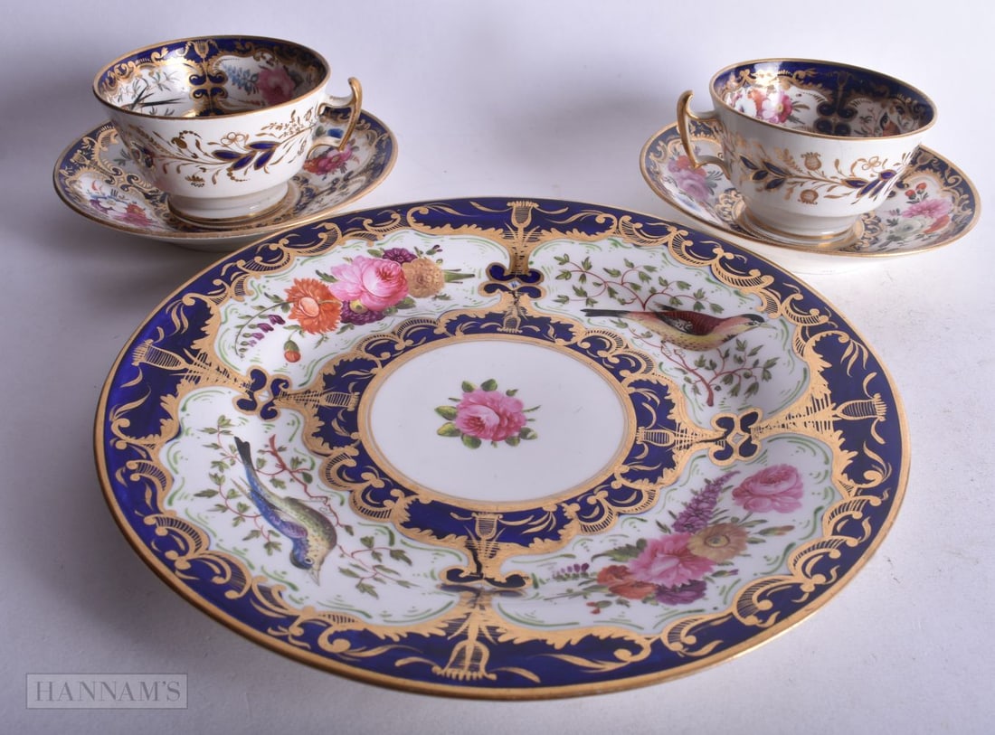 Coalport pair of teacups and saucers painted with wild birds alternating with floral panel, and a ma (1 of 5)
