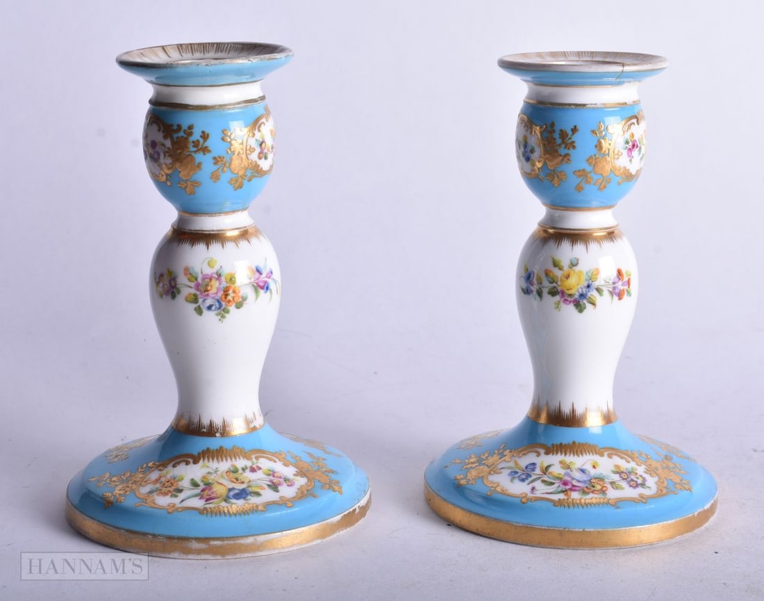 Coalport pair of candlesticks painted with four panels of flowers on a turquoise ground c. 1840, 13 (1 of 4)