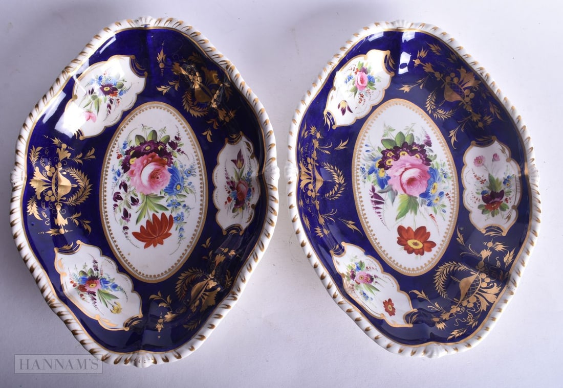 Derby pair of dishes after a service made for the Earl Ferrers, each having four floral panels and r (1 of 4)