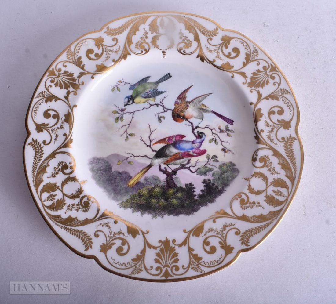Derby fine plate with neoclassical border surrounding three birds on a branch with a mountain in the (1 of 3)