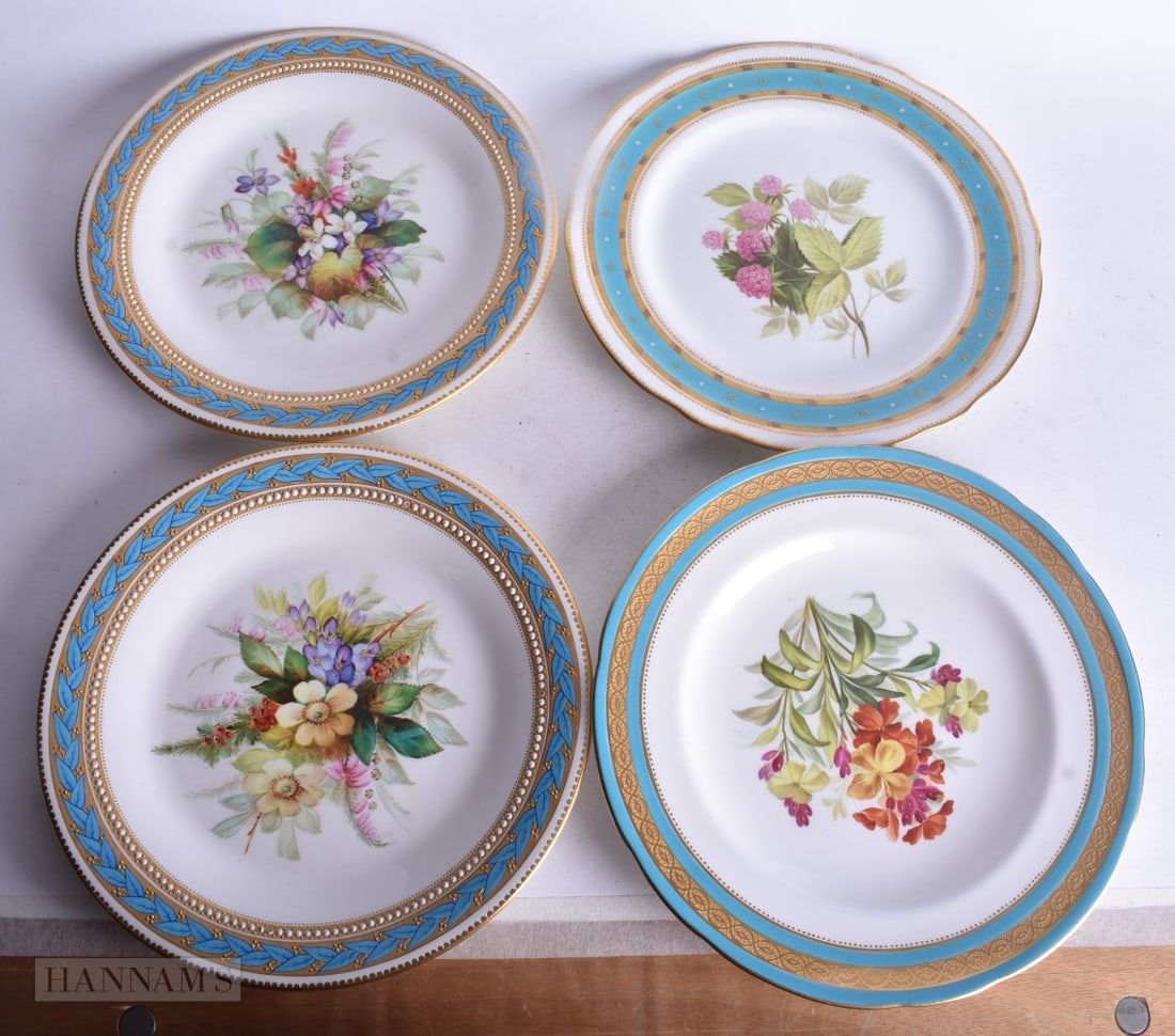 Royal Worcester pair of plates and a similar pair of Minton plates with raised gilding, turquoise bo (1 of 6)