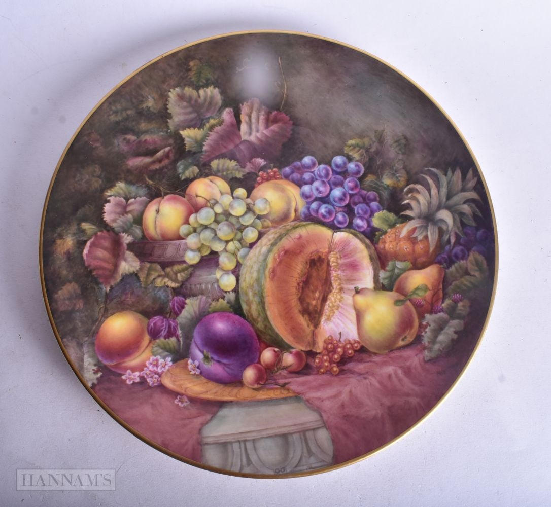 English fine porcelain plaque painted with fruit including a cut melon, all on a covered table, sign (1 of 5)