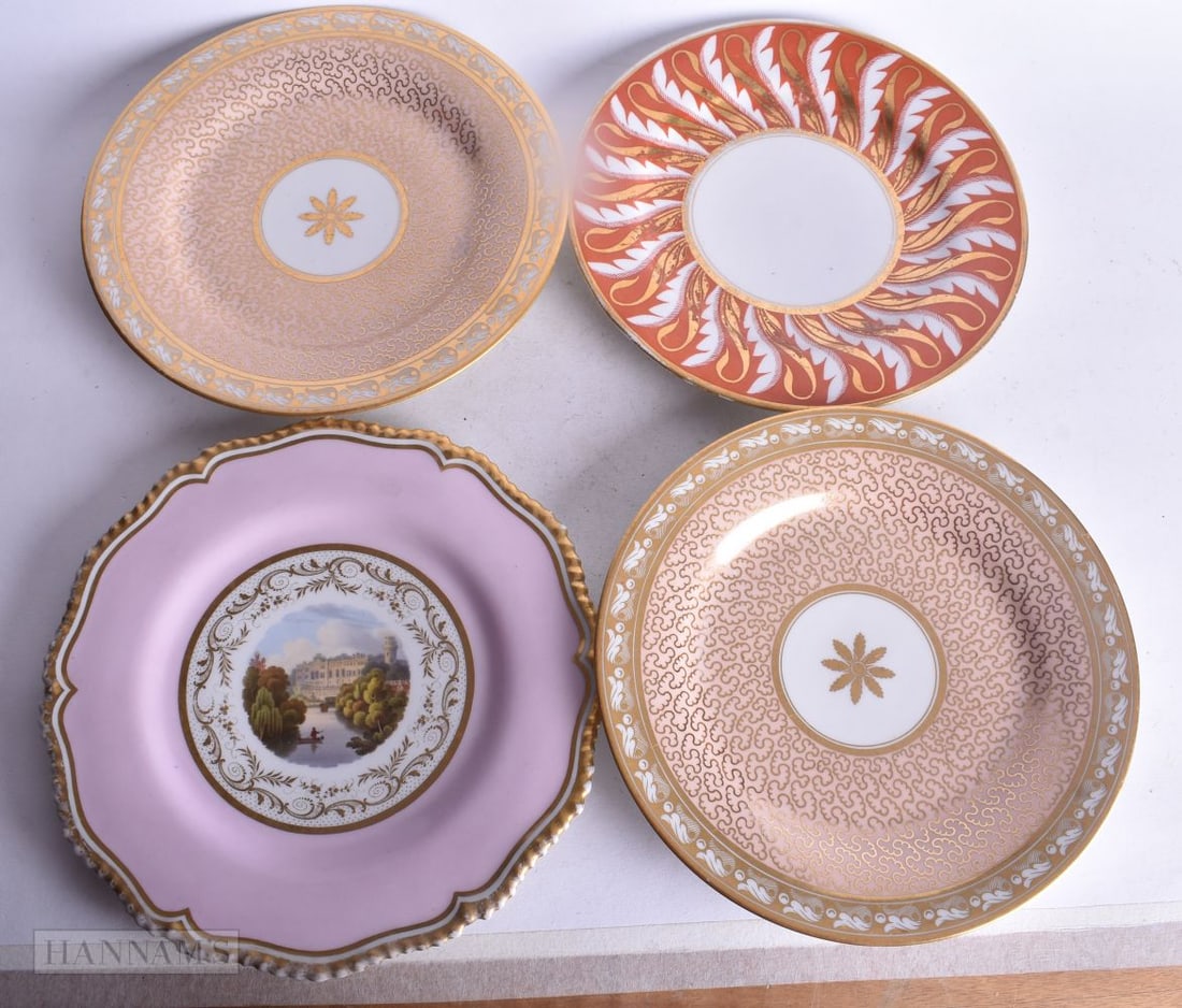 Flight Barr and Barr Worcester pink bordered plate painted with Warwick Castle, script mark verso, a (1 of 6)