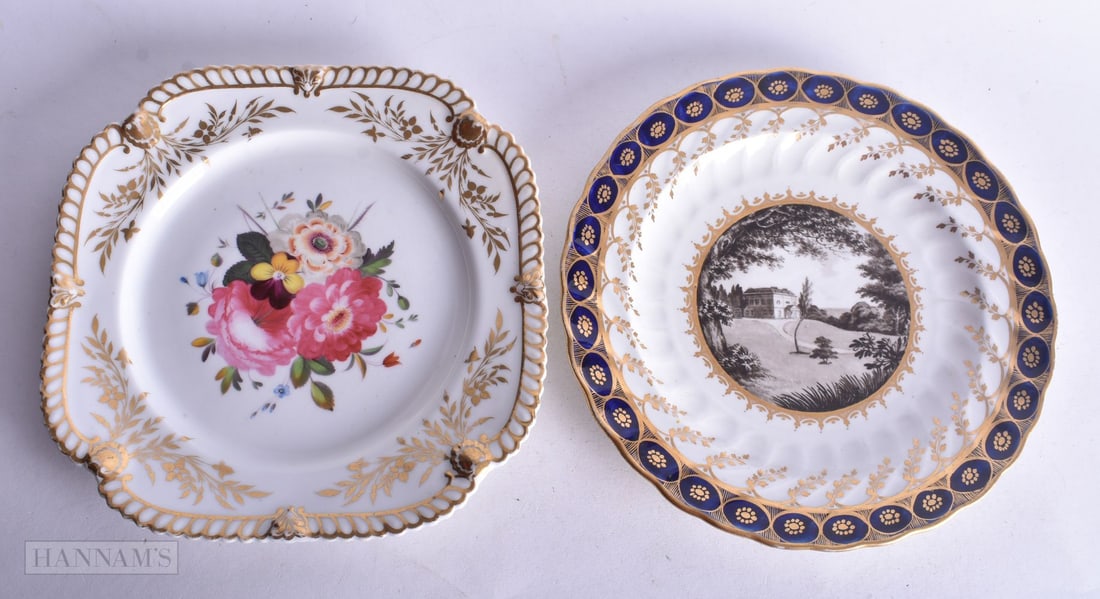 Chamberlains Worcester wrythen moulded plate painted on grisaille Woodland House, Kent, Chamberlains: Chamberlains Worcester wrythen moulded plate painted on grisaille Woodland House, Kent, Chamberlains Worc. in gold and a Chamberlains Worcester square lobed plate painted with a bouquet of flowers, 23