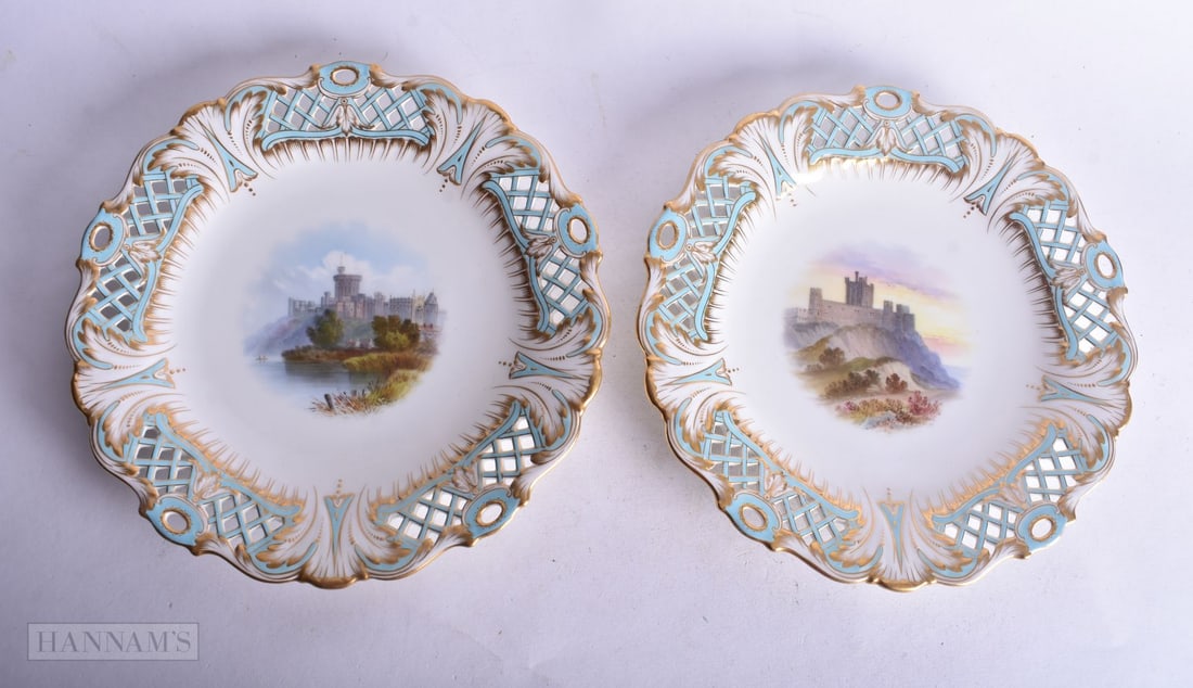 Minton fine pair of pierced plates painted with landscapes, Bambrough Castle and Windsor Castle, bot (1 of 4)