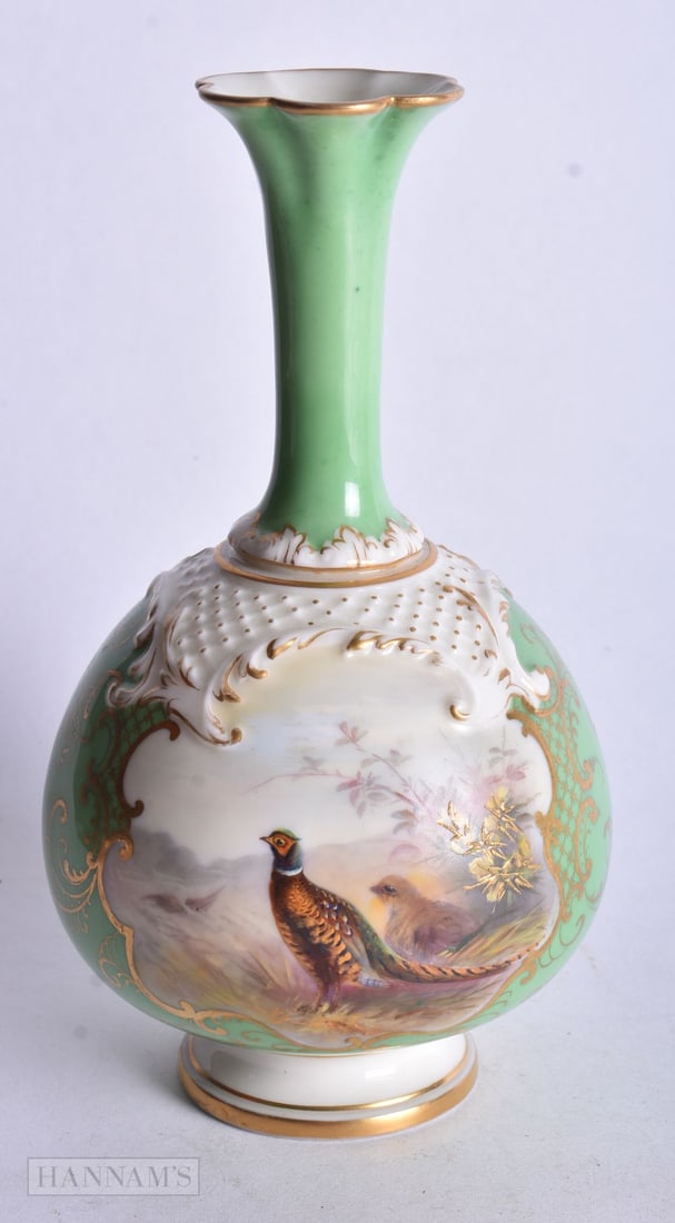Grainger's Worcester vase painted with a brace of pheasants in landscape on a lime green ground date (1 of 5)