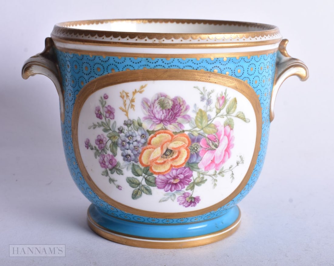 Minton glass cooler with peacock eye on turquoise ground the two oval panels having large floral bou (1 of 4)