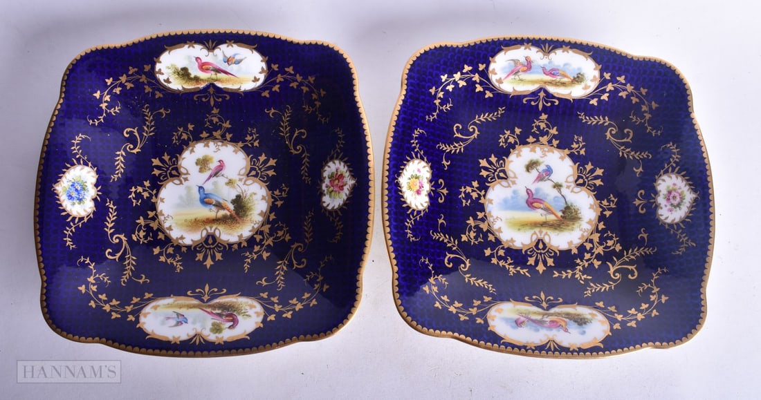 Coalport fine pair of lobed square dishes painted with in landscape by Howard and Waterson c. 1900, (1 of 4)