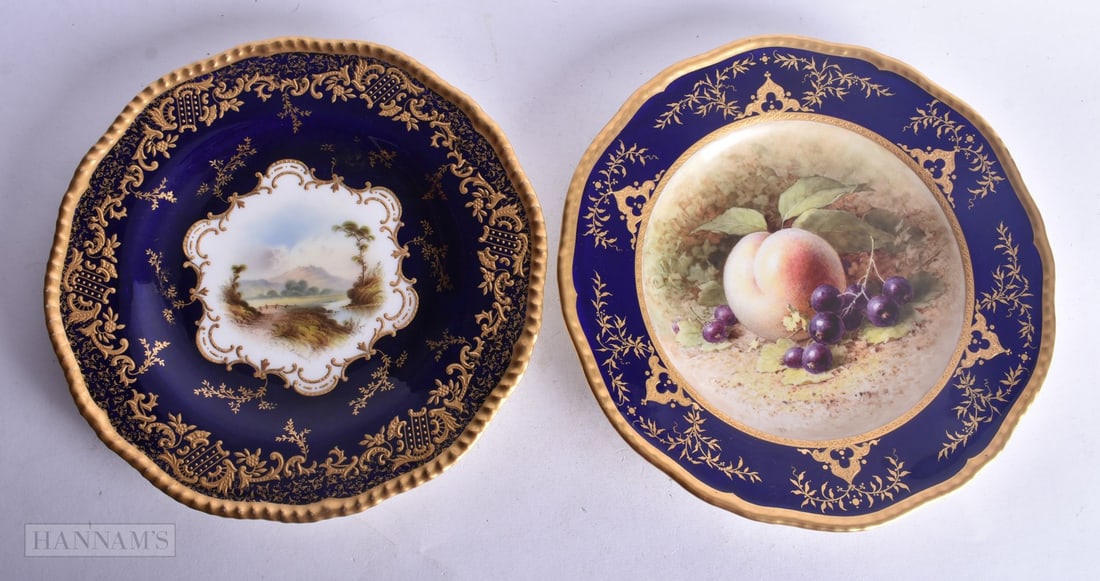 Coalport plate raised gilt blue border, the centre painted with a peach and cherries, signed F. H. C (1 of 4)