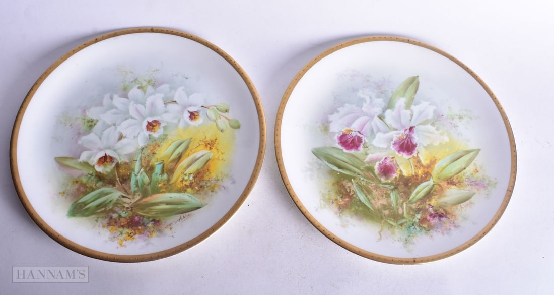 English porcelain pair of plaques painted with flowers by Wagg,26 cm diameter (1 of 4)