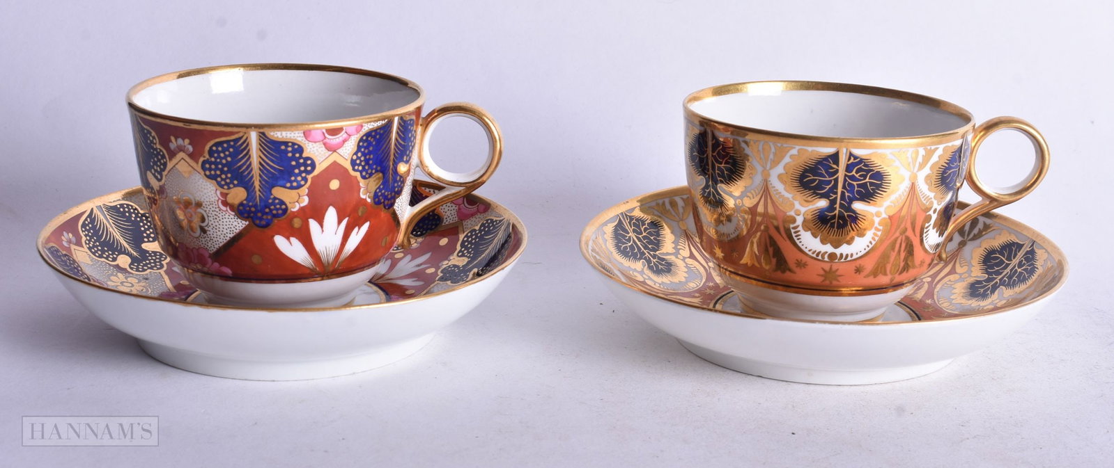 Two Flight Barr and Barr cups and saucers in imari style, 14 cm diameter (1 of 4)