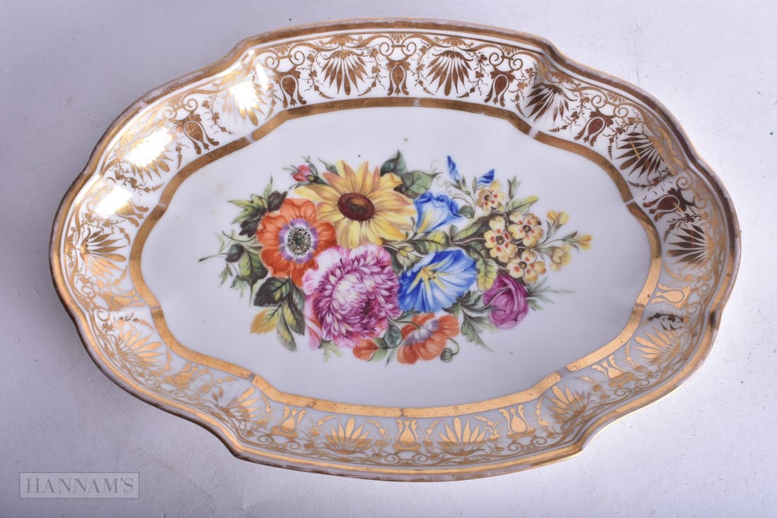 Paris porcelain oval dish with gilded border, the centre with a lavious bouquet, probably by Baxter, (1 of 3)